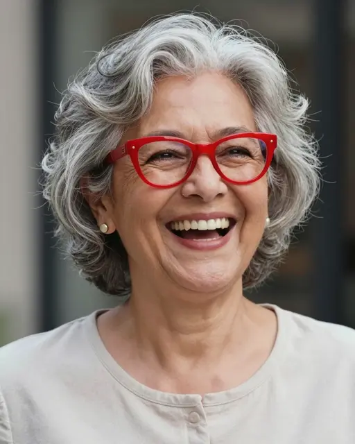 A cheerful senior woman with silver curly hair and bright red glasses laughs warmly in soft daylight