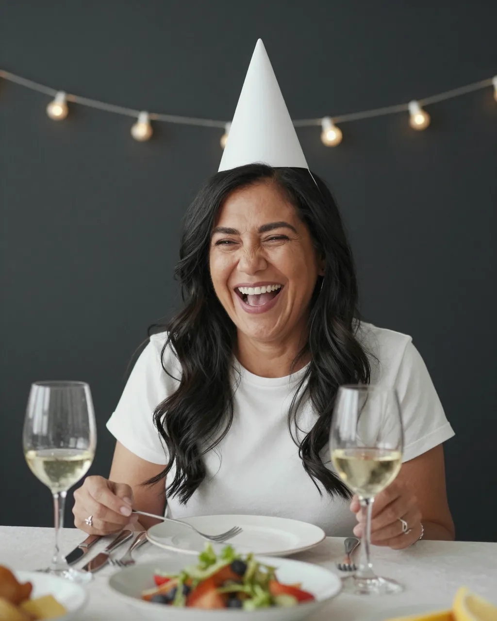 A laughing Latina woman in a white party hat sits at a birthday dinner table with string lights behind her.