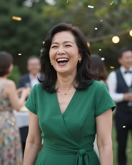 Middle-aged Southeast Asian woman in a green dress laughs under confetti at an evening garden party