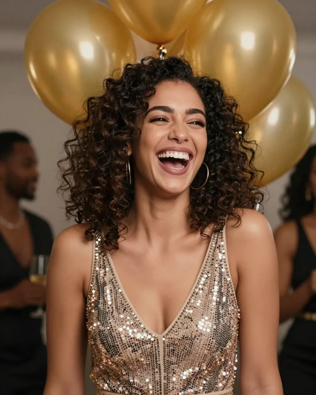 Mixed race woman in a sequin dress laughs beneath gold balloons at a festive indoor party