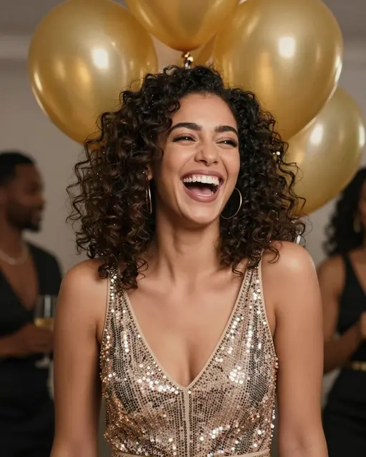 Mixed race woman in a sequin dress laughs beneath gold balloons at a festive indoor party