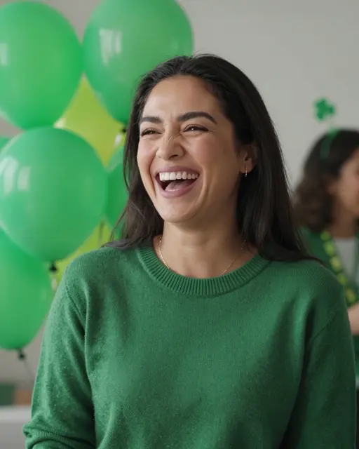 A woman in a green sweater laughs heartily with green party balloons behind her