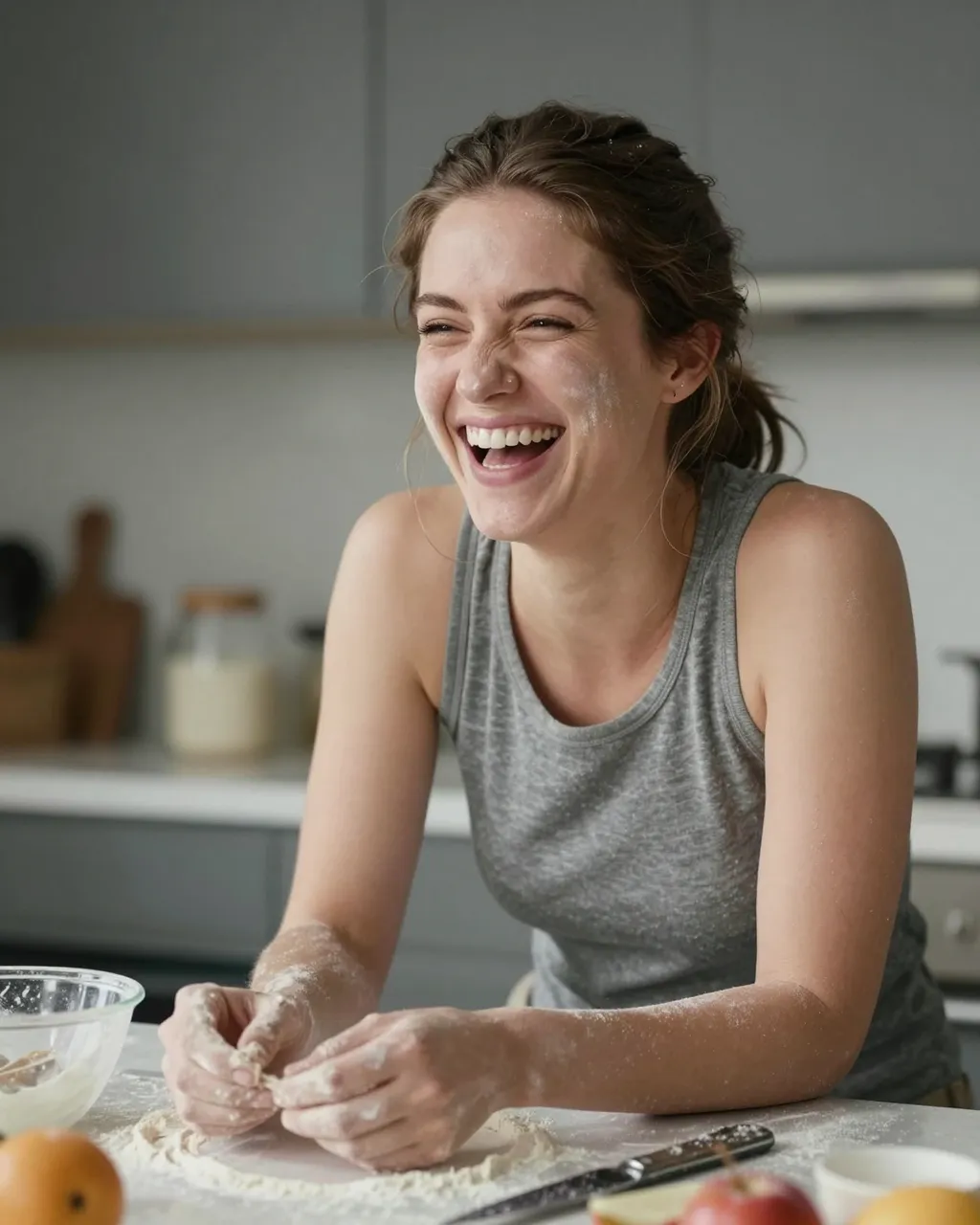 A woman in her thirties dusted with flour laughs while working at a messy kitchen counter.