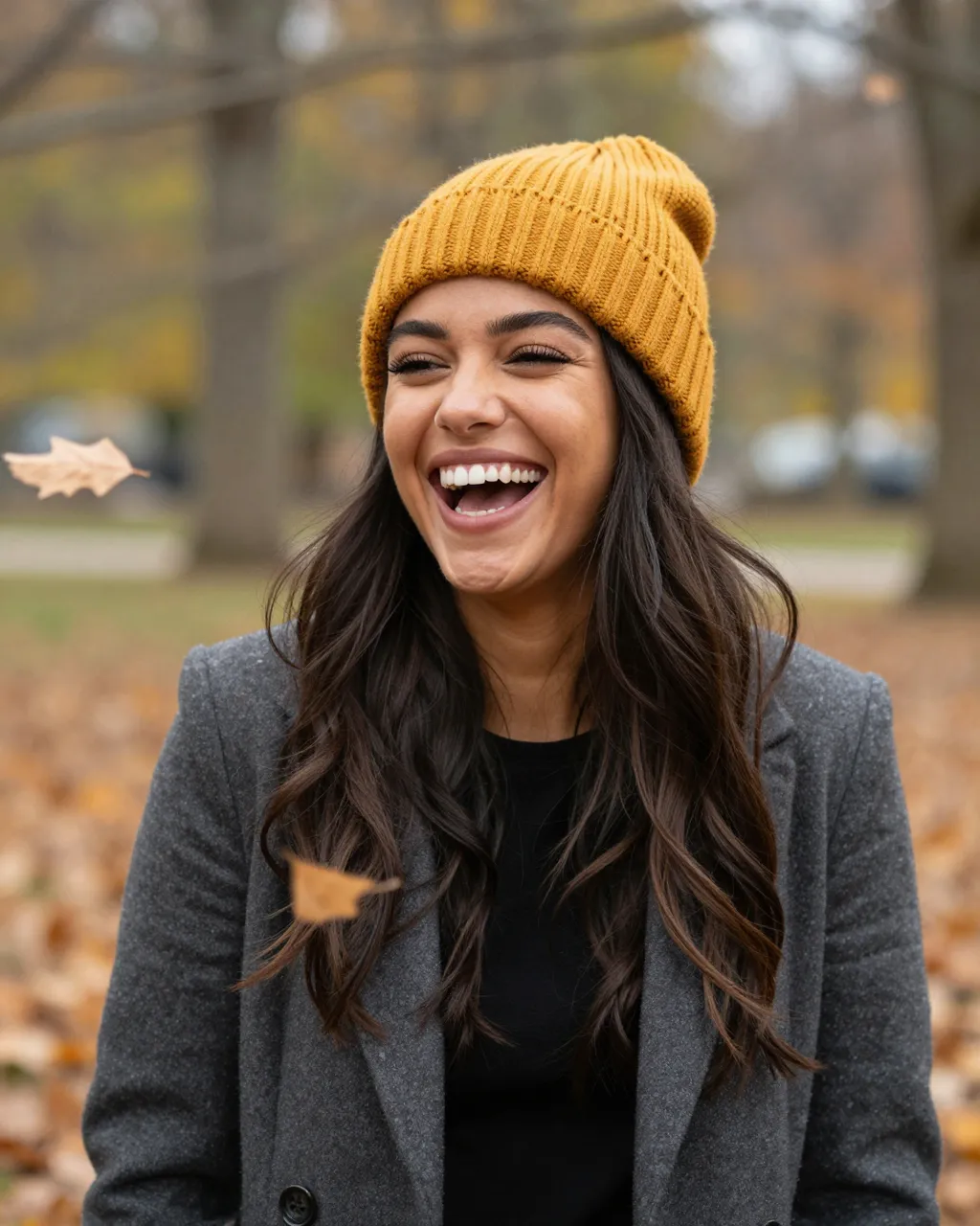 A young woman in a mustard knit beanie laughs as fall leaves float around her in a park