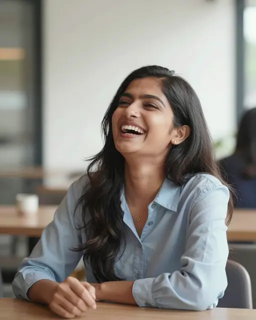 A South Asian woman in her late twenties tilts her head back laughing while seated at a cafe table in soft daylight