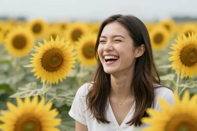 A young woman in her twenties laughs joyfully while standing in a field of blooming sunflowers