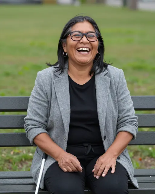 A laughing Indigenous woman sits on a park bench with a white cane beside her on grassy park grounds.