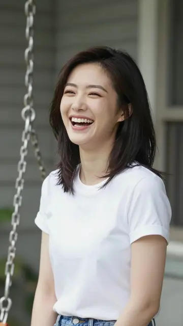 A smiling East Asian woman in a plain white t-shirt sits on a porch swing outdoors