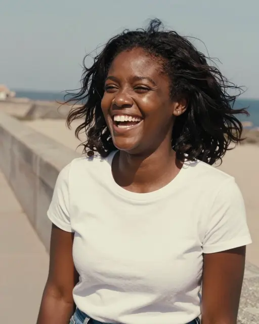 A Black woman in her late twenties laughs with wind blowing her hair while standing on a coastal seawall.