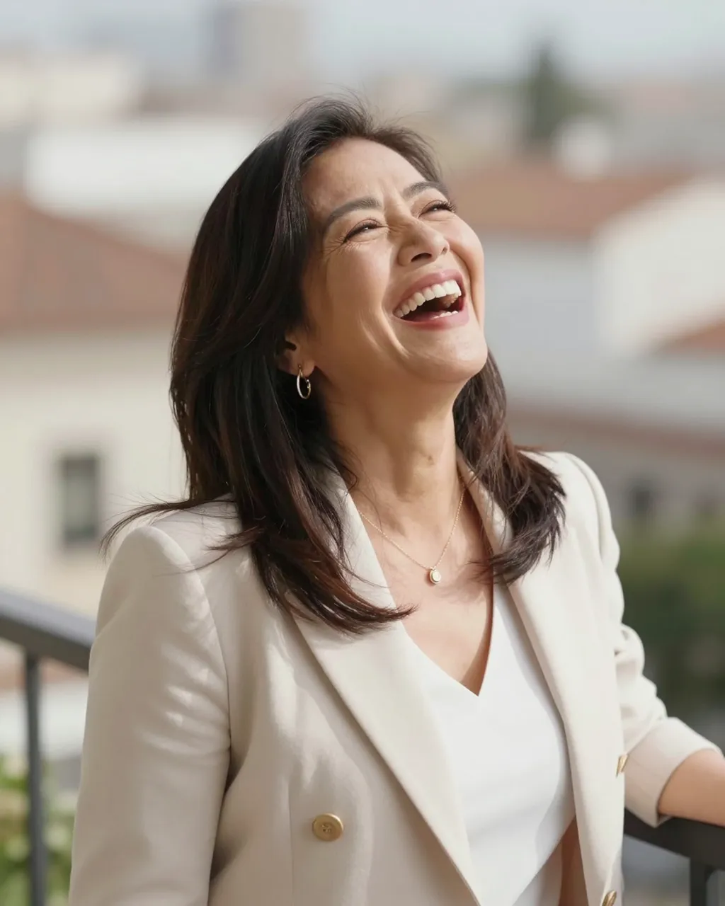 A woman in her forties laughs with her head tilted back while standing on a sunny residential balcony.