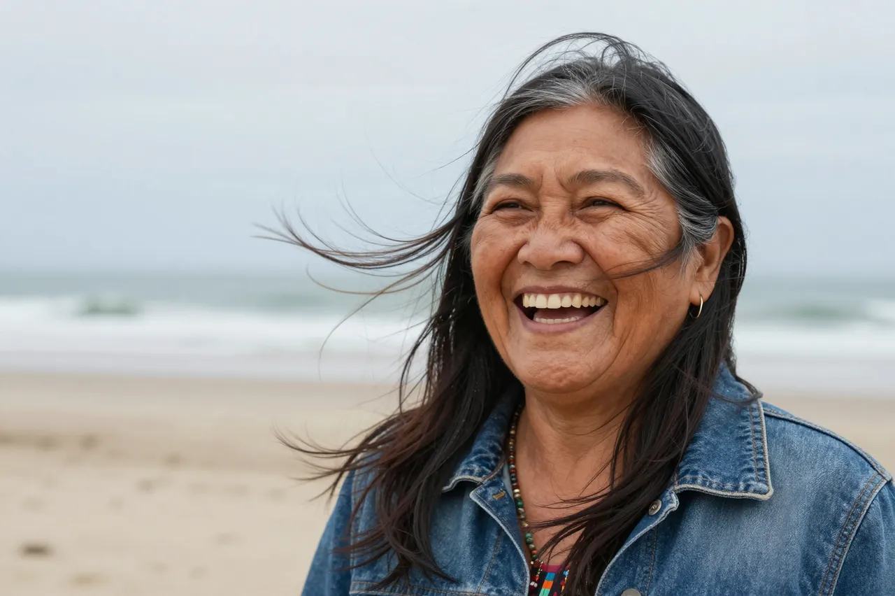 A smiling mature Indigenous woman stands on a beach with wind blowing her hair under an overcast sky.