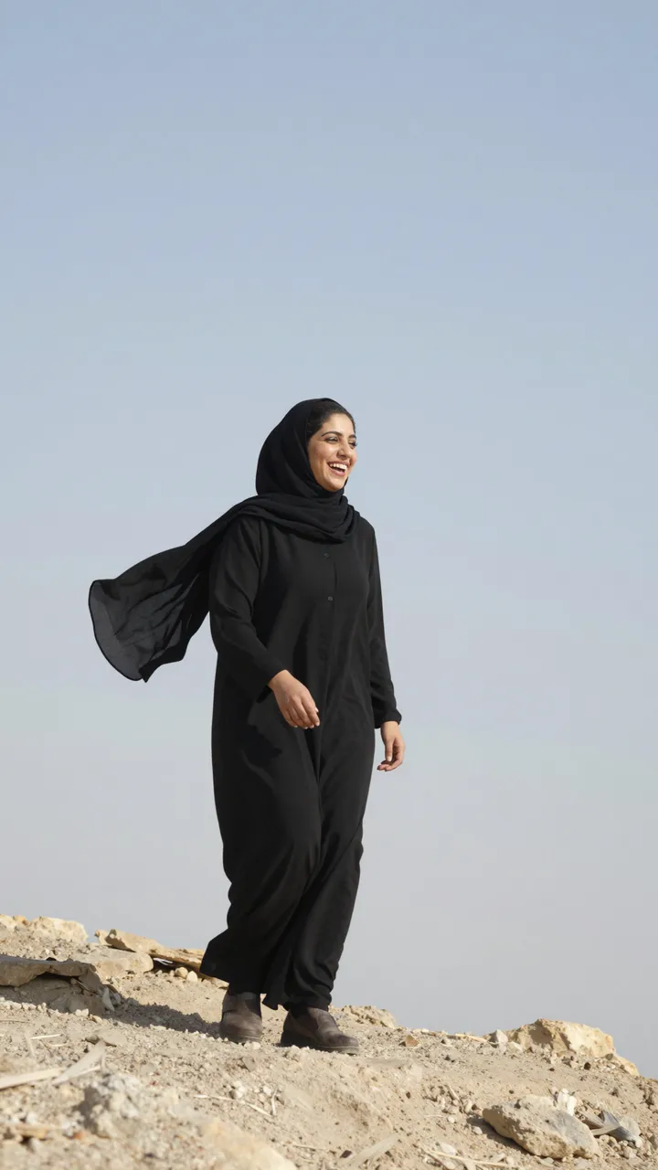 Smiling Middle Eastern woman with fluttering black hijab walks on a rocky cliff under a pale bright sky