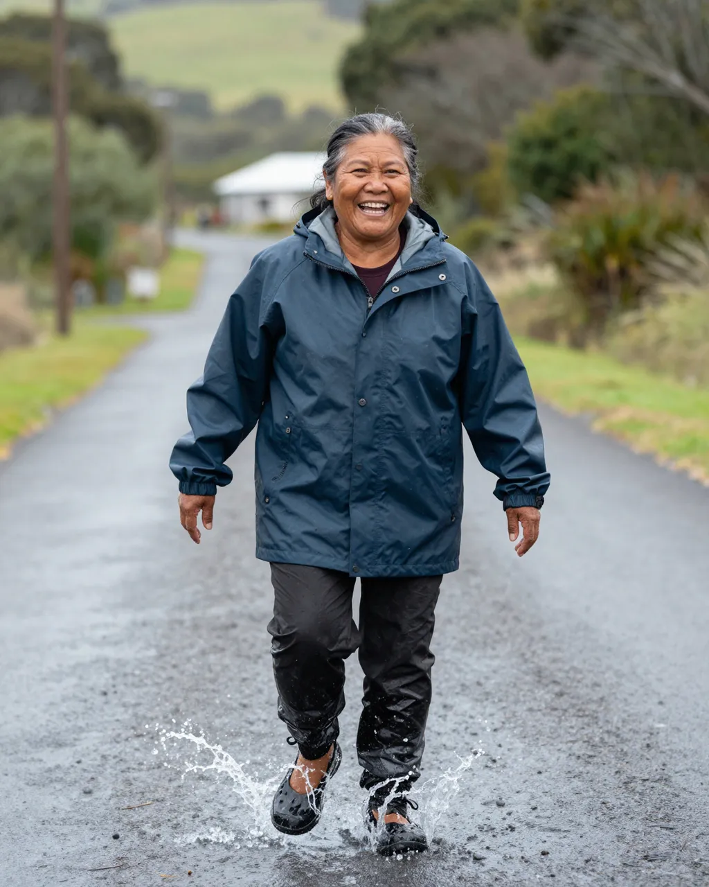 A smiling older Pacific Islander woman splashes through puddles on a wet rural country lane in a blue rain jacket.