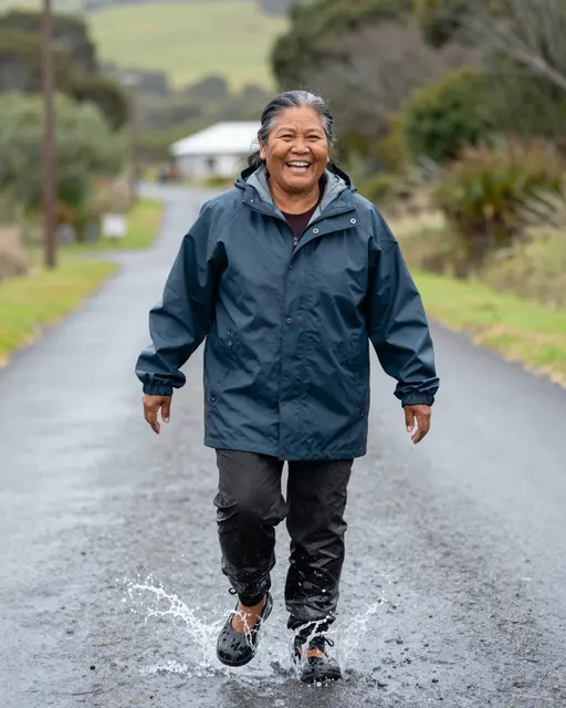 A smiling older Pacific Islander woman splashes through puddles on a wet rural country lane in a blue rain jacket.