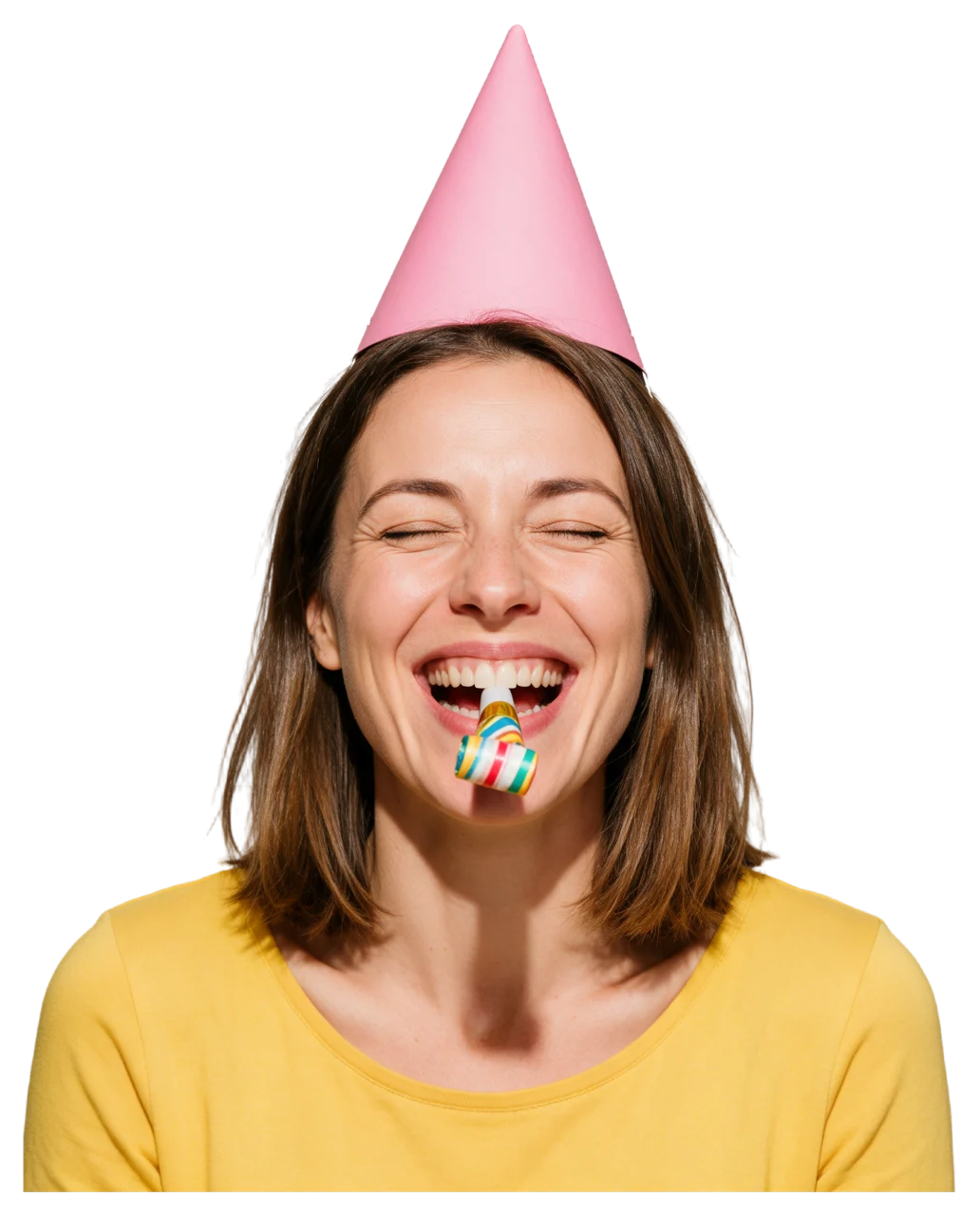 A woman with closed eyes laughs while wearing a pink party hat and blowing a striped party horn