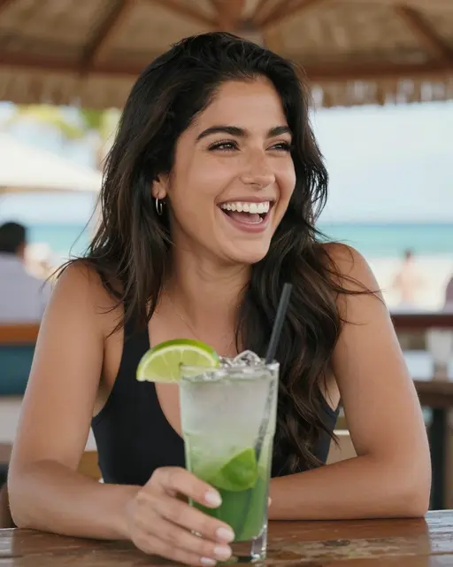A smiling woman in her thirties holds a mojito at a sunny beachside bar under a palapa roof.