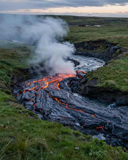 Glowing lava creeps through a green grassy pasture at dusk, with steam rising where it meets water and vegetation