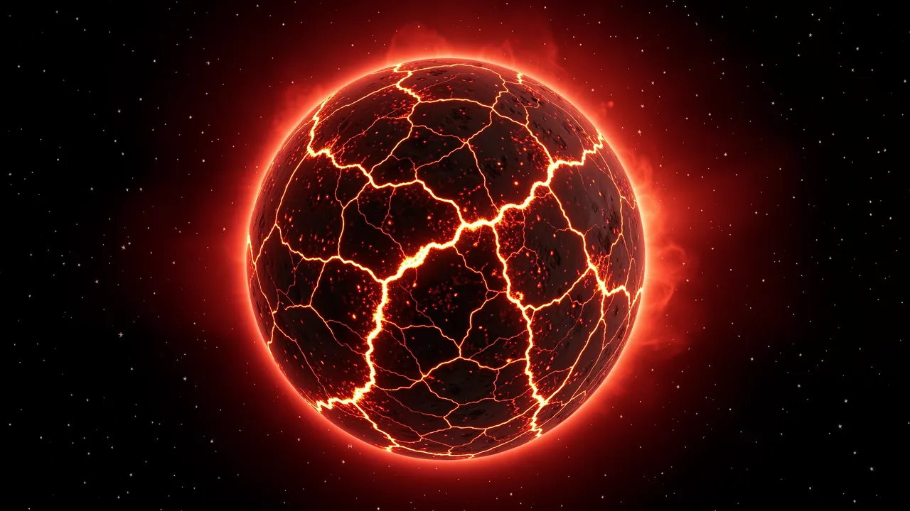 A cracked lava world with glowing molten fissures floats against a dark starfield