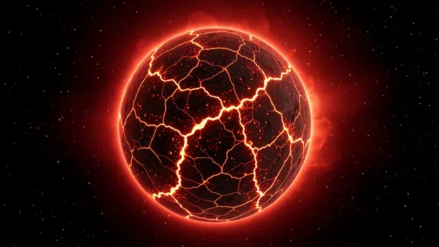 A cracked lava world with glowing molten fissures floats against a dark starfield