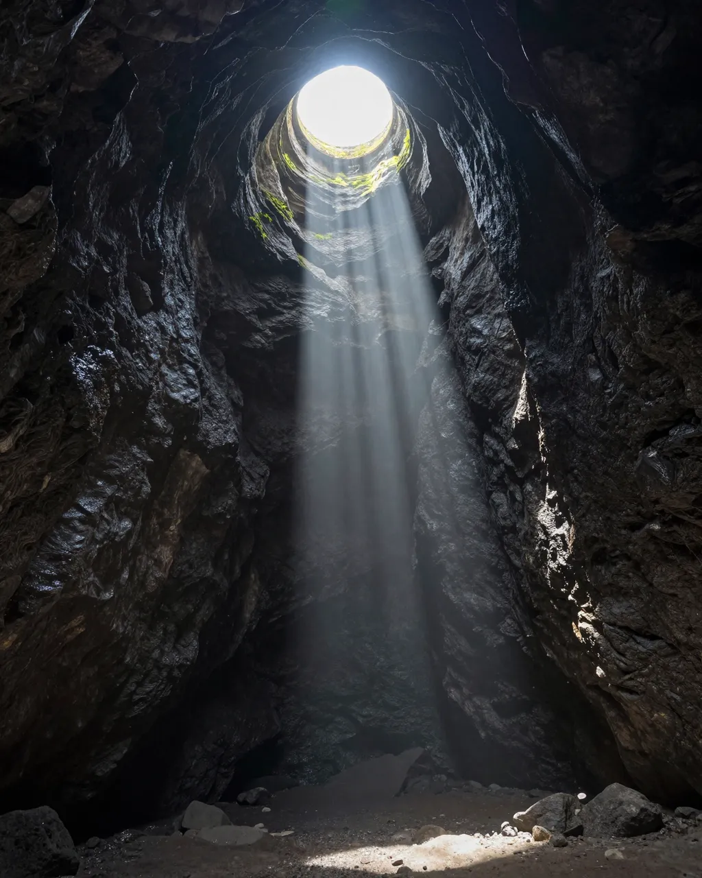 A shaft of sunlight streams through a round cave skylight onto the dark rocky cave floor