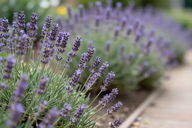 Sharp foreground lavender blooms grow in a row beside a blurred summer garden path