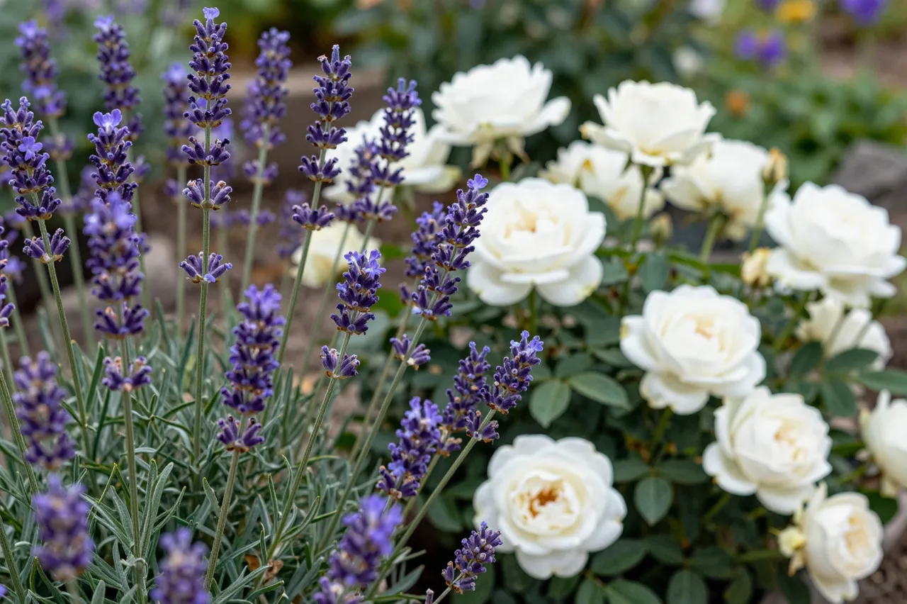 Purple lavender stalks bloom beside clustered white roses in a sunny cottage garden bed