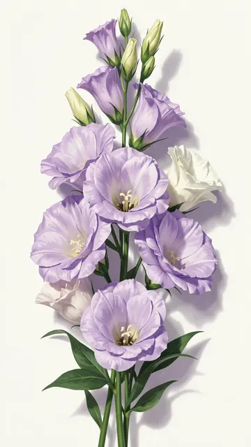 Vertical arrangement of lavender and white lisianthus flowers with soft shadows on a pale off-white background