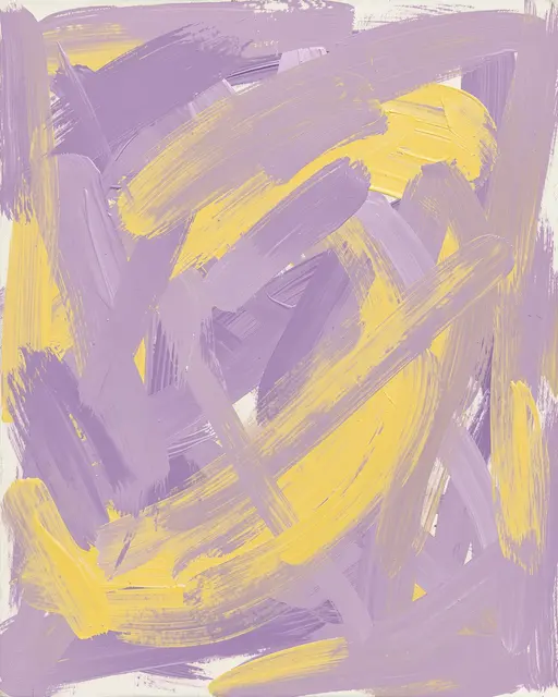 Thick loose overlapping lavender and bright yellow abstract paint brushstrokes on a pale off-white base