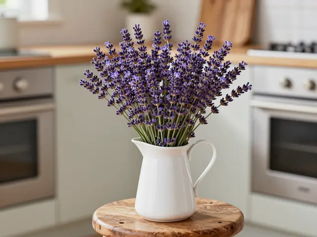 Fresh lavender arrangement in a white pitcher sits on a wooden stool in a sunlit kitchen