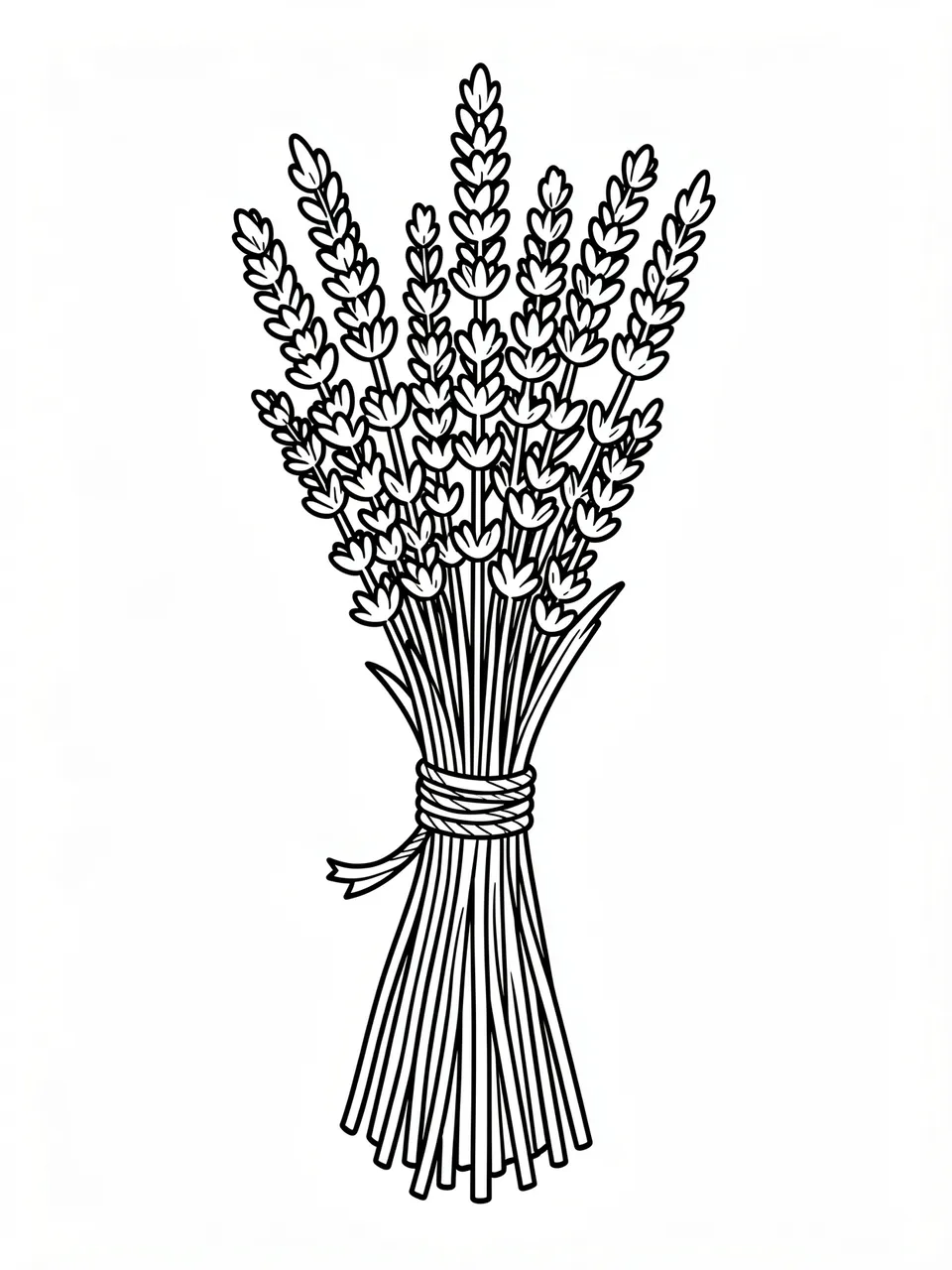 Bold black line drawing of a lavender bundle tied with twine on a plain white background