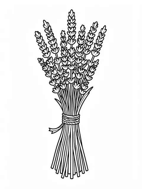 Bold black line drawing of a lavender bundle tied with twine on a plain white background