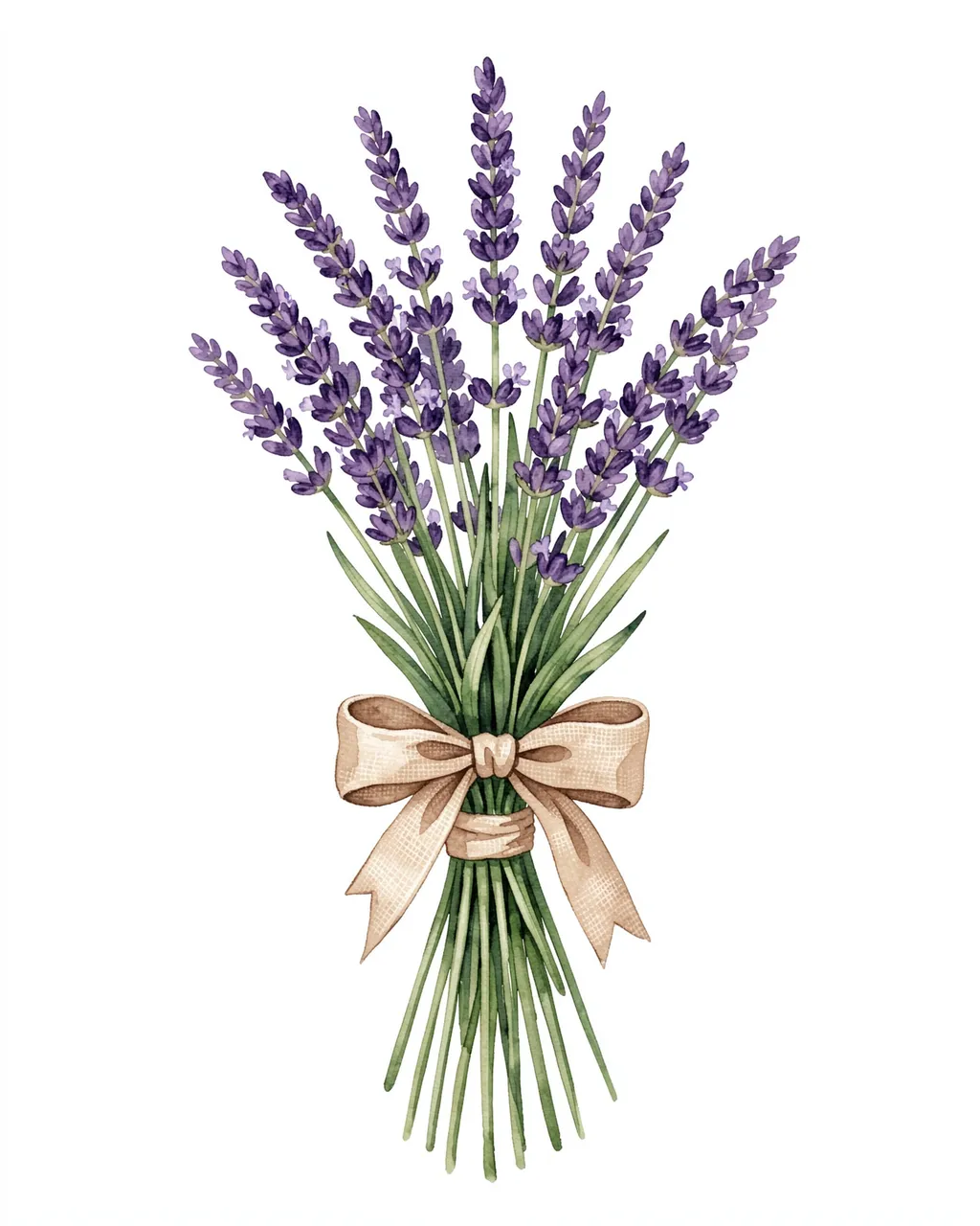 Watercolor illustration of a tied lavender bunch with a linen bow on a plain white background