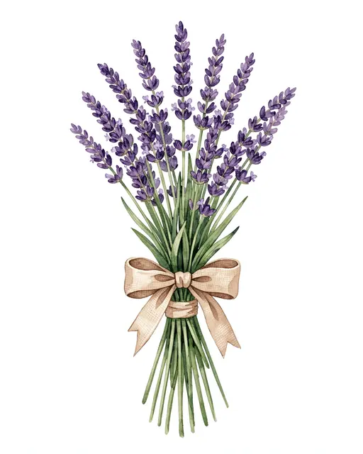Watercolor illustration of a tied lavender bunch with a linen bow on a plain white background