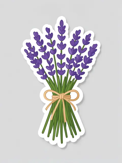 Die-cut sticker illustration of a lavender bundle tied with twine on a light gray background