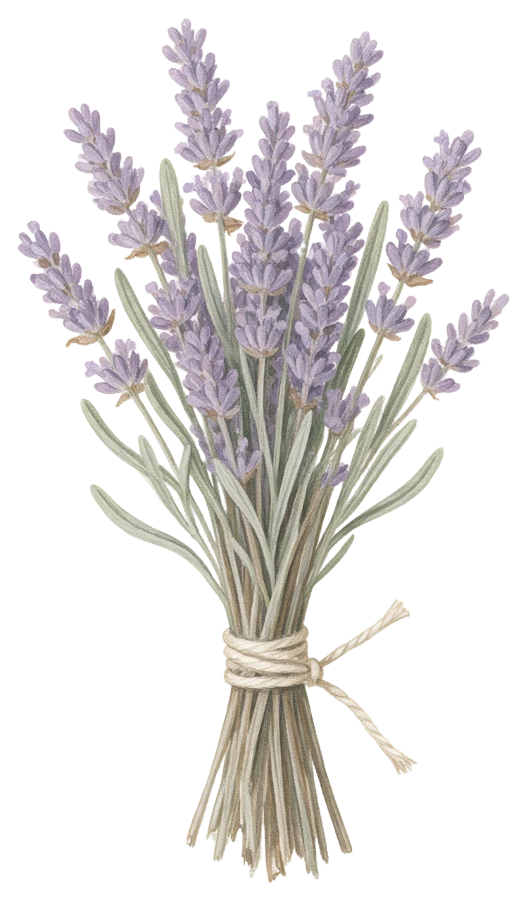 Hand-painted gouache illustration of a small tied bouquet of lavender stems
