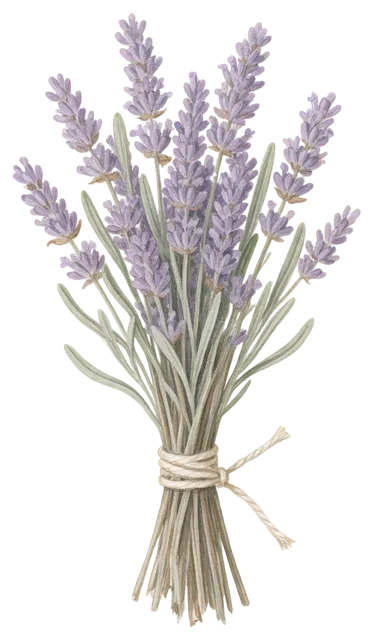 Hand-painted gouache illustration of a small tied bouquet of lavender stems