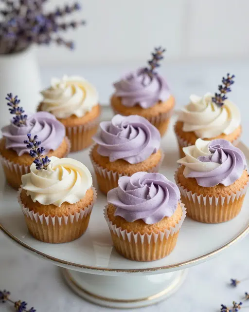 Piped lavender and cream buttercream cupcakes with lavender sprigs arranged on a vintage gold-rimmed cake stand