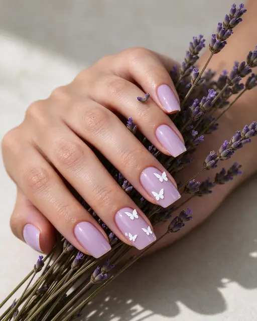 A hand with light olive skin rests on dried lavender sprigs showing lavender squoval nail art with tiny white butterflies