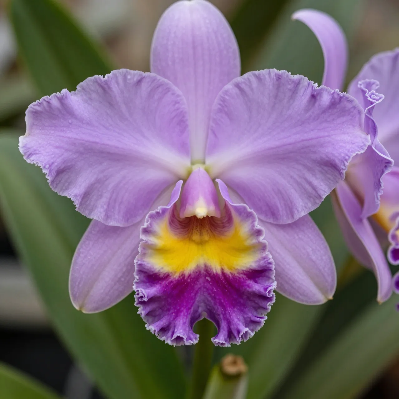 Close-up macro shot of a ruffled lavender cattleya orchid with a bright yellow and purple throat