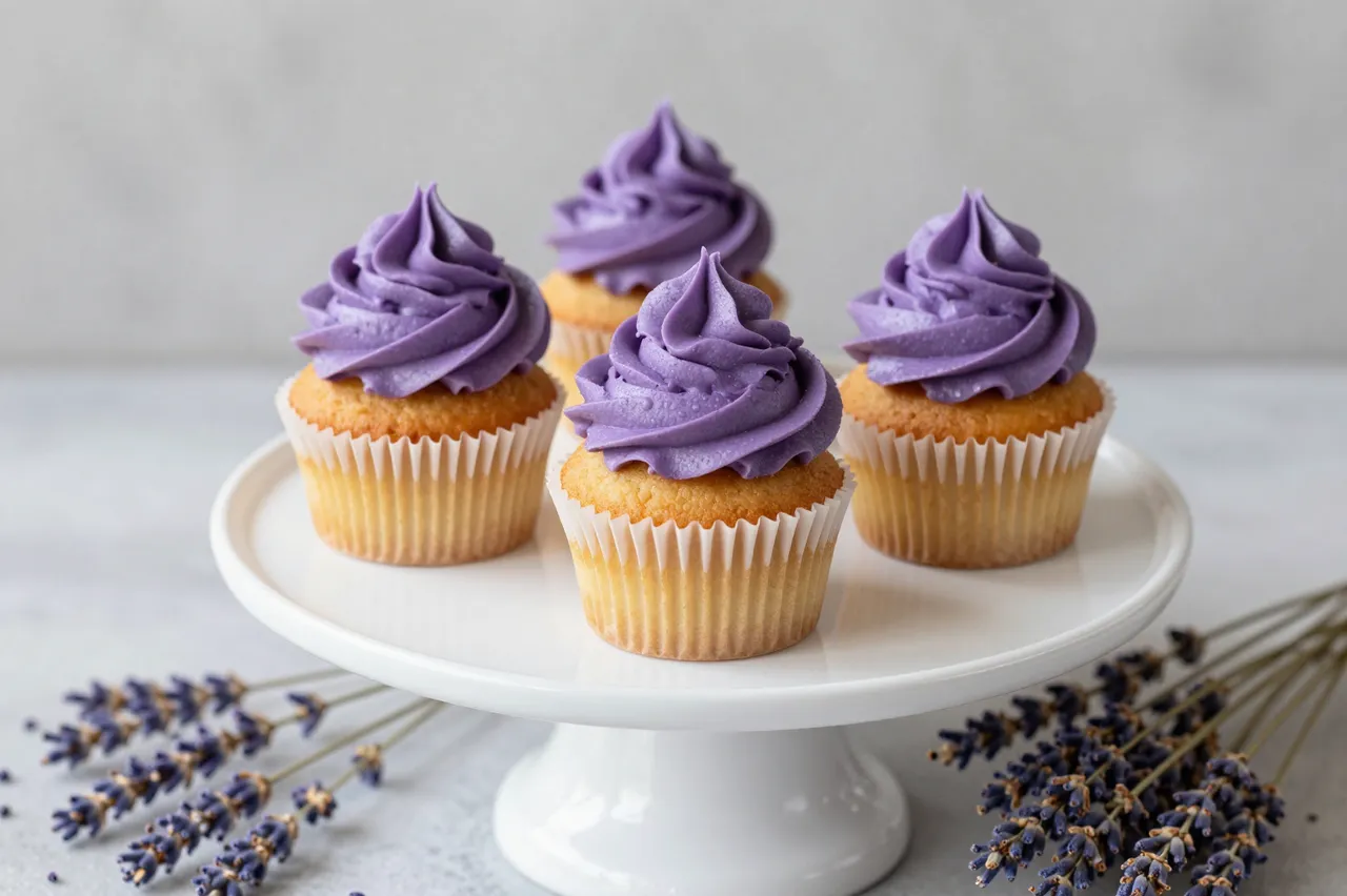 Four cupcakes with tall purple frosting sit on a white cake stand next to dried lavender sprigs.