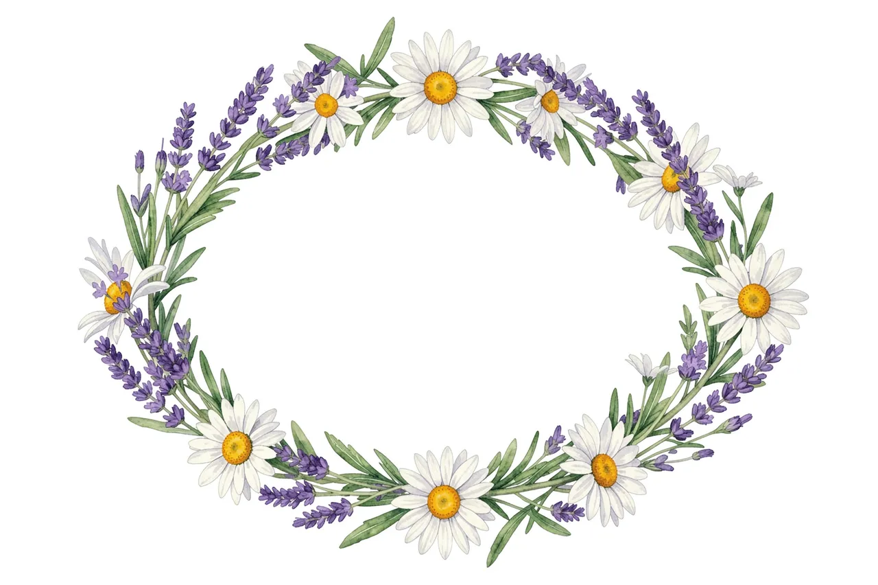 Watercolor illustration of an oval floral frame made of lavender sprigs and white daisies around empty white center space