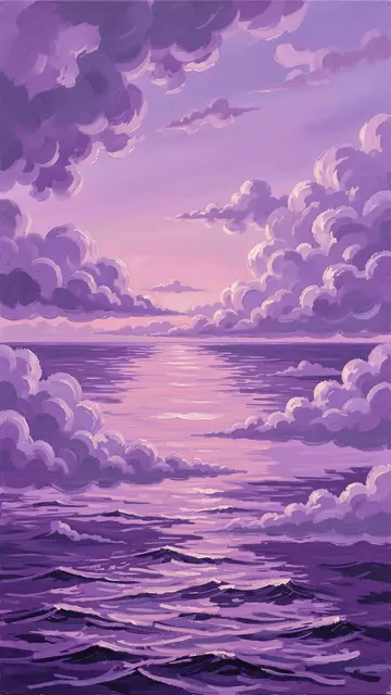 Painting of lilac clouds and a glowing reflection over a violet sea at purple dusk