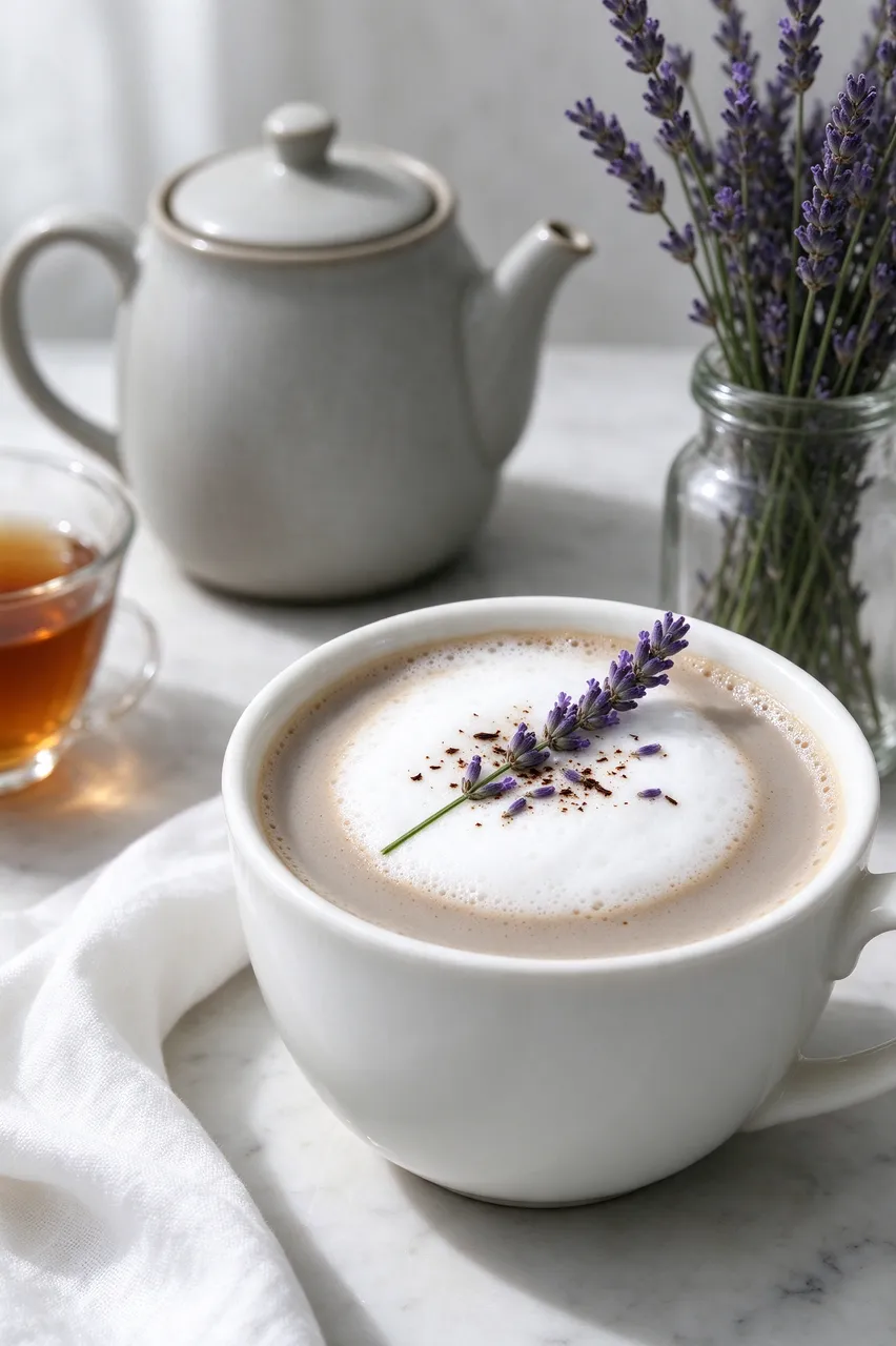 Frothy earl grey tea latte garnished with lavender sits in a white cup next to a teapot and lavender sprigs