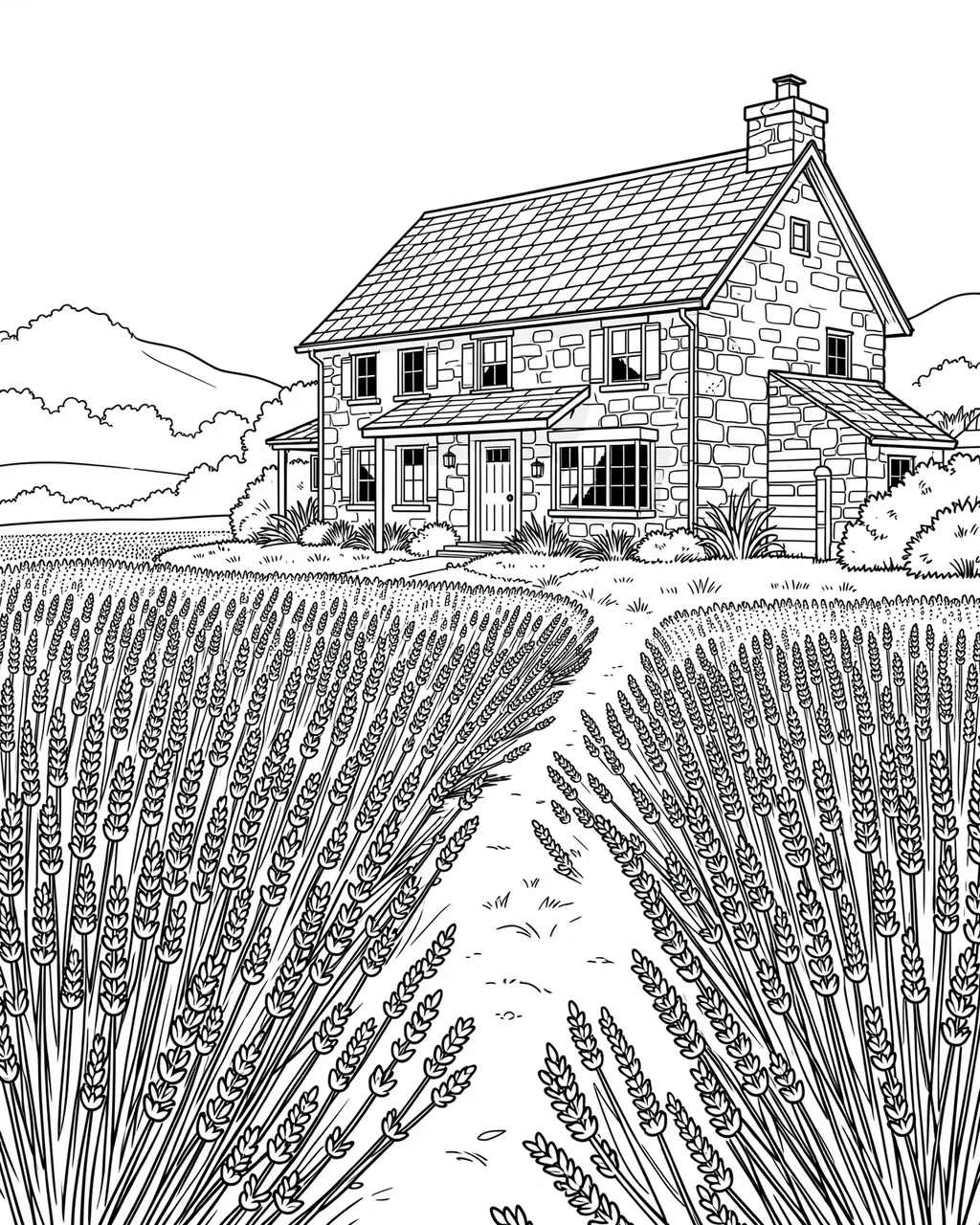 Black and white line art shows rows of lavender leading to a cozy stone farmhouse on a plain white background