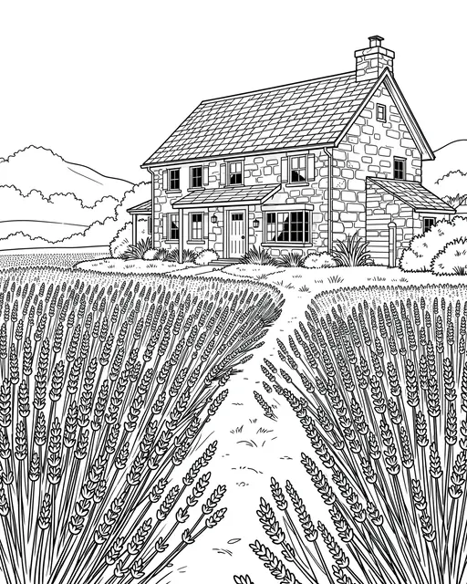 Black and white line art shows rows of lavender leading to a cozy stone farmhouse on a plain white background