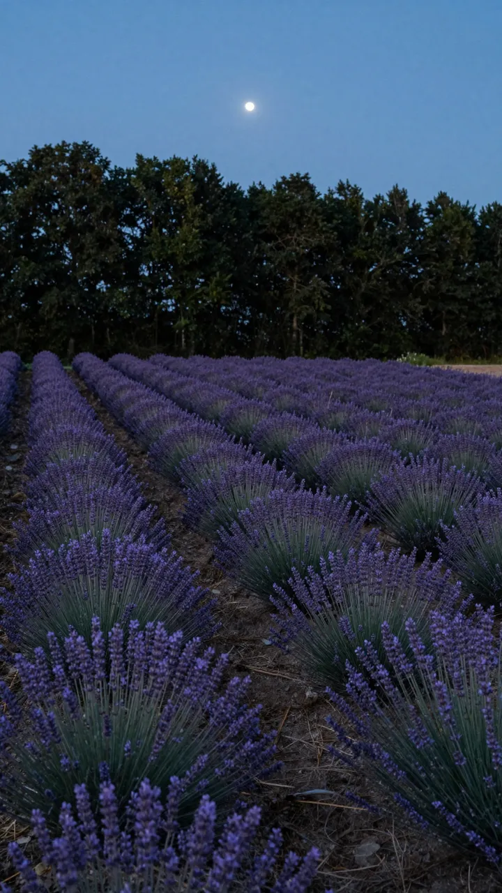 Rows of lavender stretch toward a treeline beneath a pale blue dusk sky with a bright celestial point above the trees