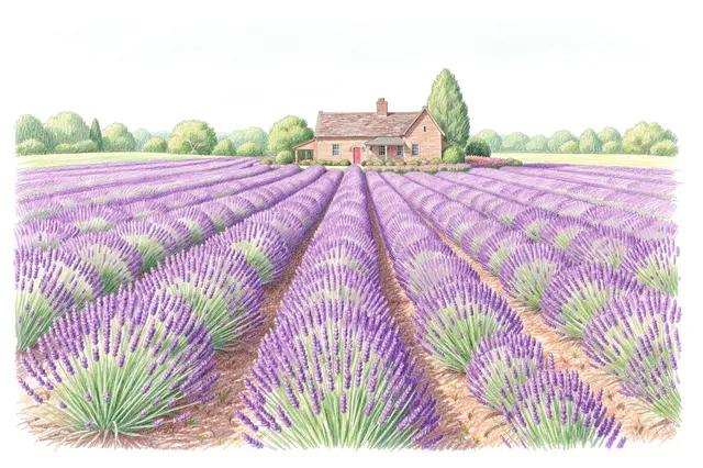 Colored pencil drawing of neat lavender rows leading to a brick farmhouse under a pale sky