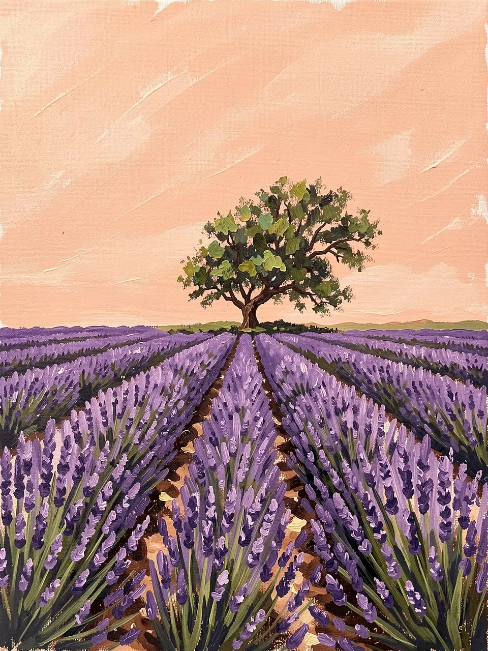 Textured acrylic painting of rows of lavender leading to a lone tree under a soft peach sky