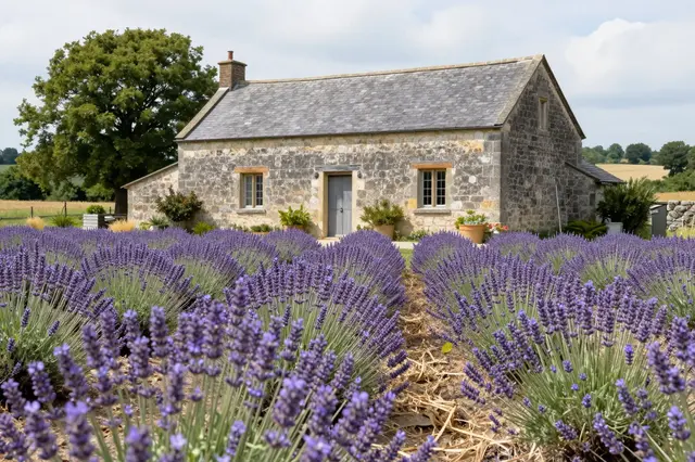 Rows of blooming lavender stretch toward an old rustic stone farmhouse under a bright partly cloudy sky