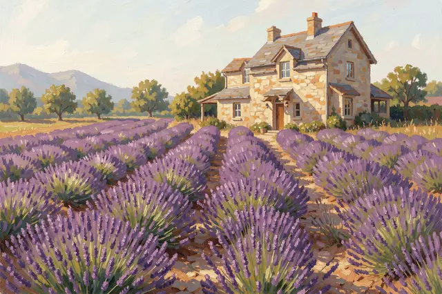 Impressionist oil painting of rows of lavender leading to a sunlit stone farmhouse under a pale sky